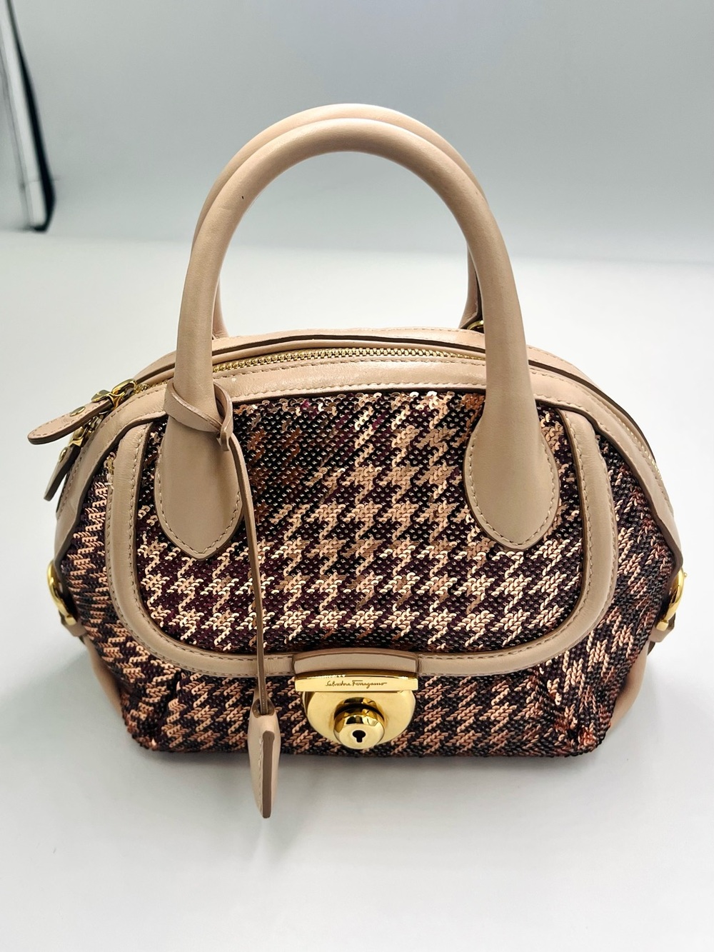 Salvatore Ferragamo Sequin Houndstooth Fiamma Satchel/Crossbody Bag - Picture 3 of 13